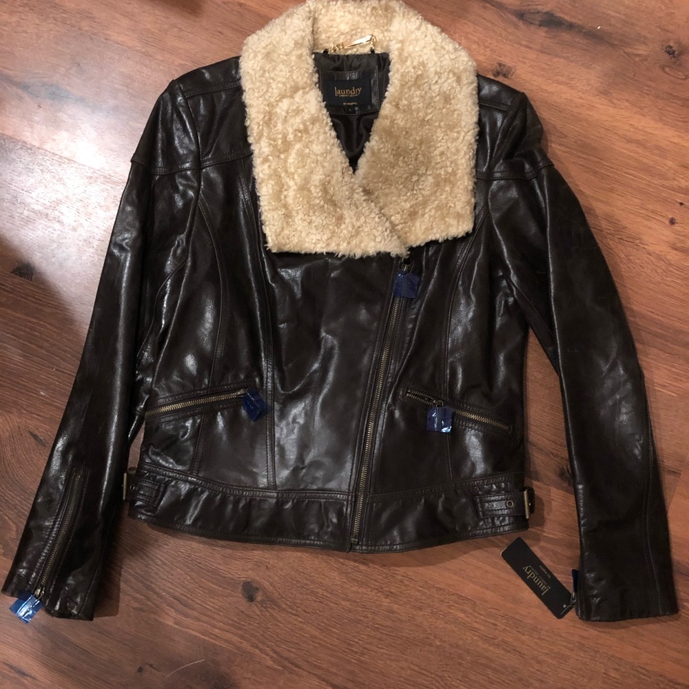 NWT Laundry Dk Brown Faux Leather Aviator Jacket